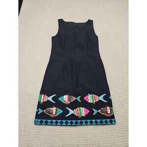 Talbots Dress Womens 8 Petite Embroidered Fish Print Sequins Nautical Preppy